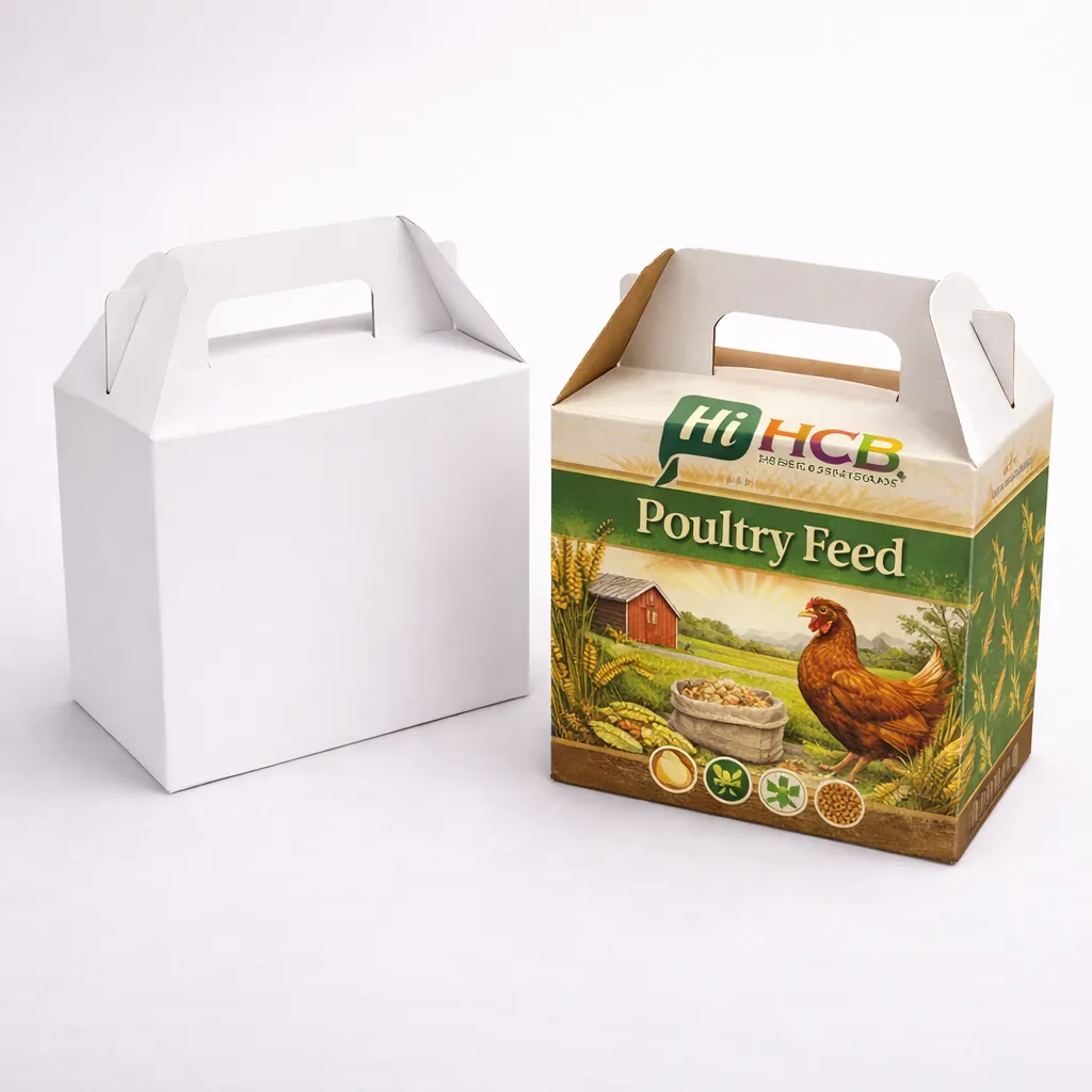 Two square two-piece rigid boxes, one plain white and one featuring elegant green poultry branding.